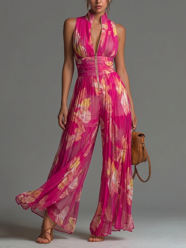 Isabella | Fuchsia Floral Pleated Jumpsuit