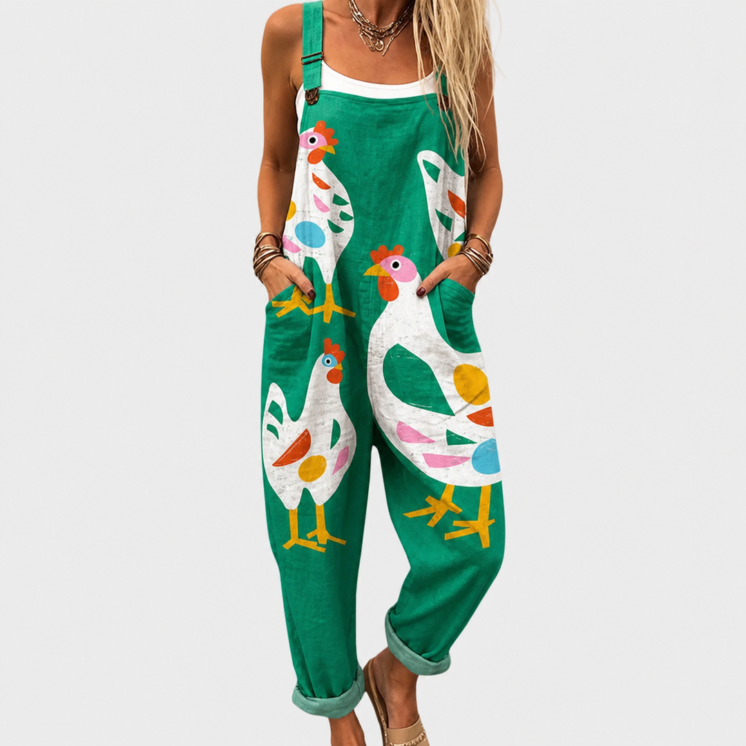 Evelyn | Green Chicken Print Overalls