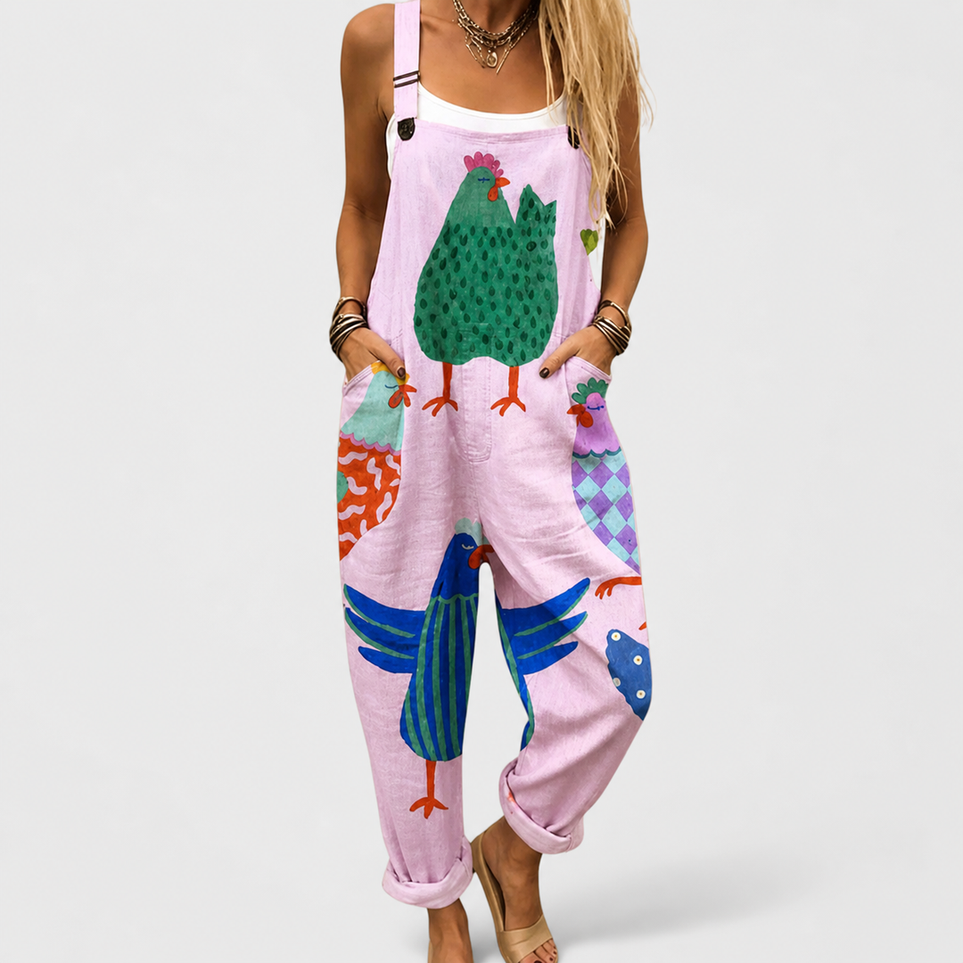 Sylvie | Pink Rooster Print Overalls