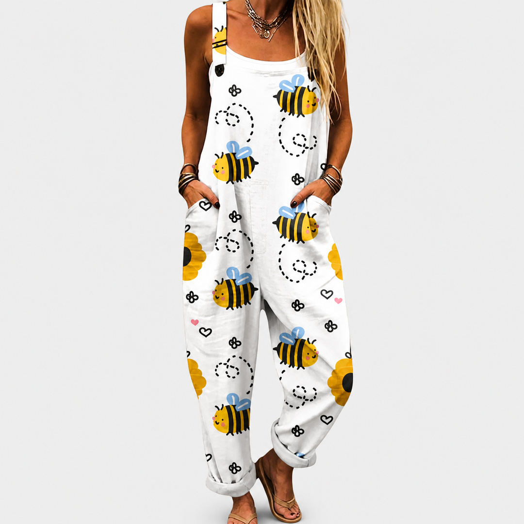 Gwen | White Bee Print Overalls