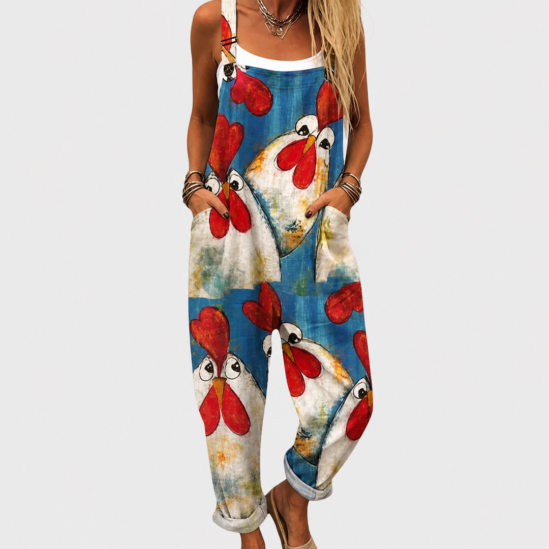 Ingrid | Blue Chicken Print Overalls