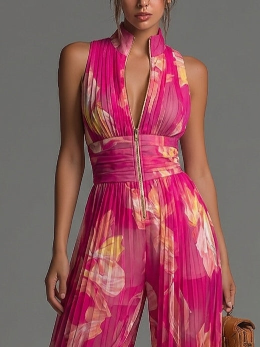 Isabella | Fuchsia Floral Pleated Jumpsuit