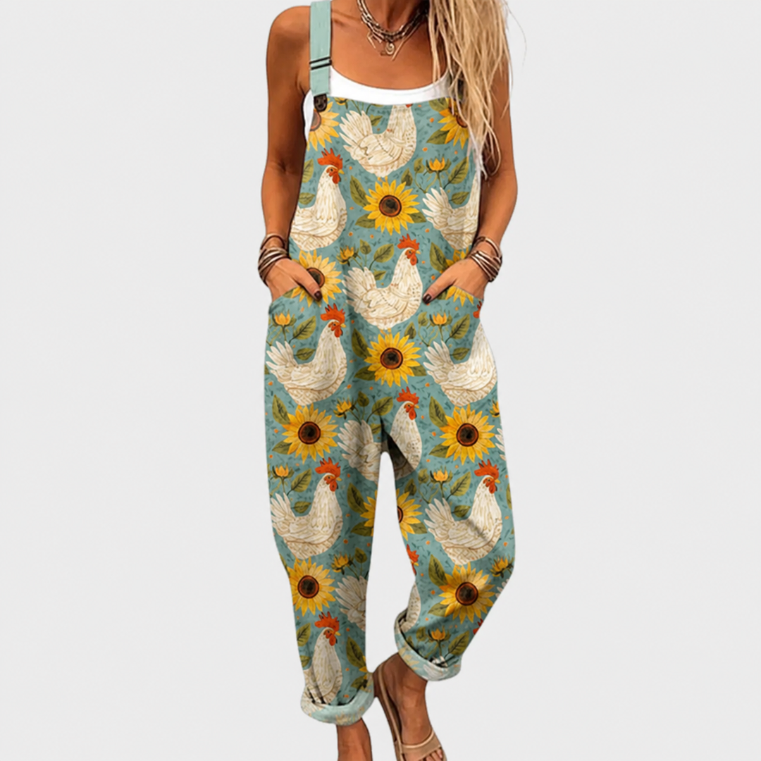 Hannah | Blue Rooster Print Overalls