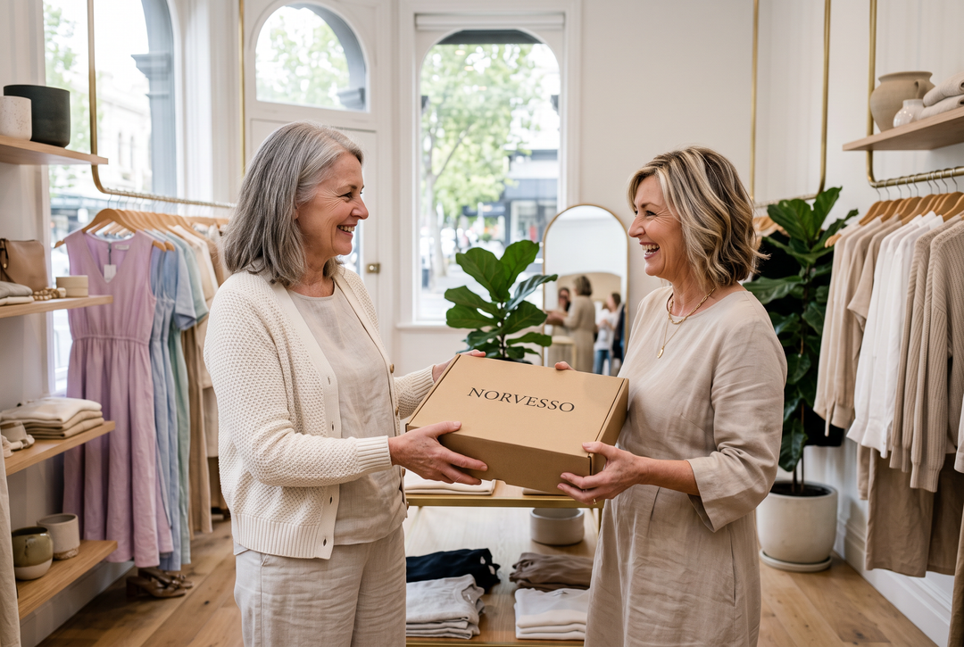 Norvesso boutique, customer receiving her order