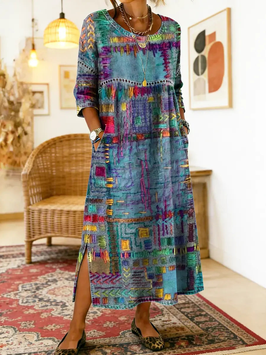 Elara | Ethnic Patchwork Denim Dress