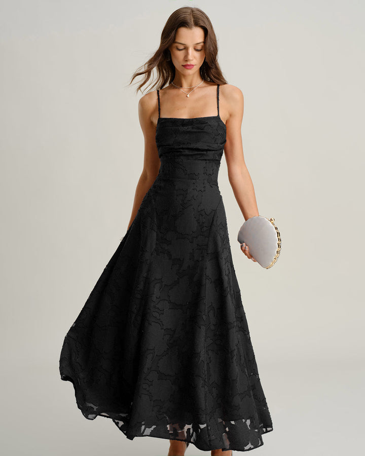 Giselle | Cross-Back Jacquard Maxi Dress – Black