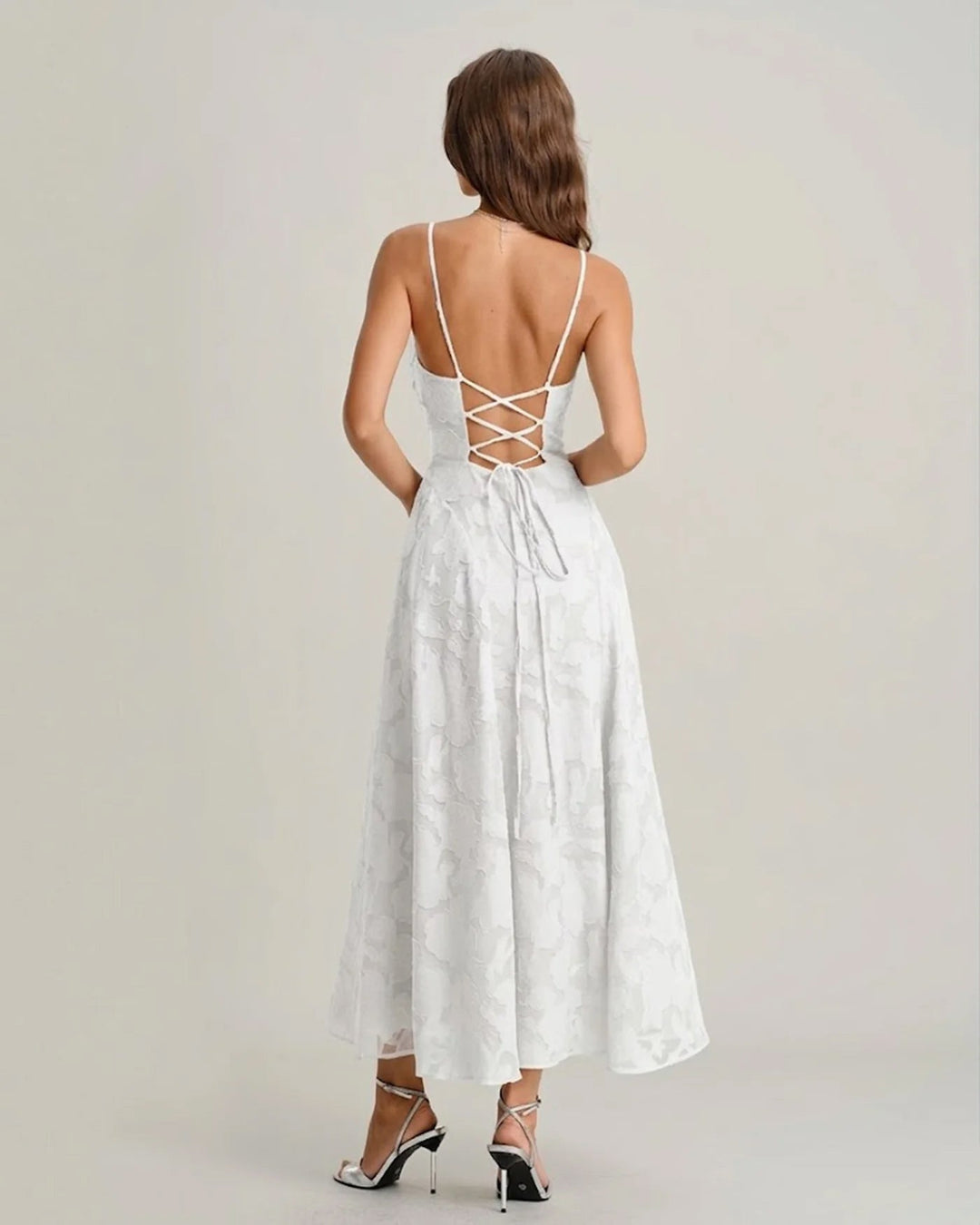 Giselle | Cross-Back Jacquard Maxi Dress – White