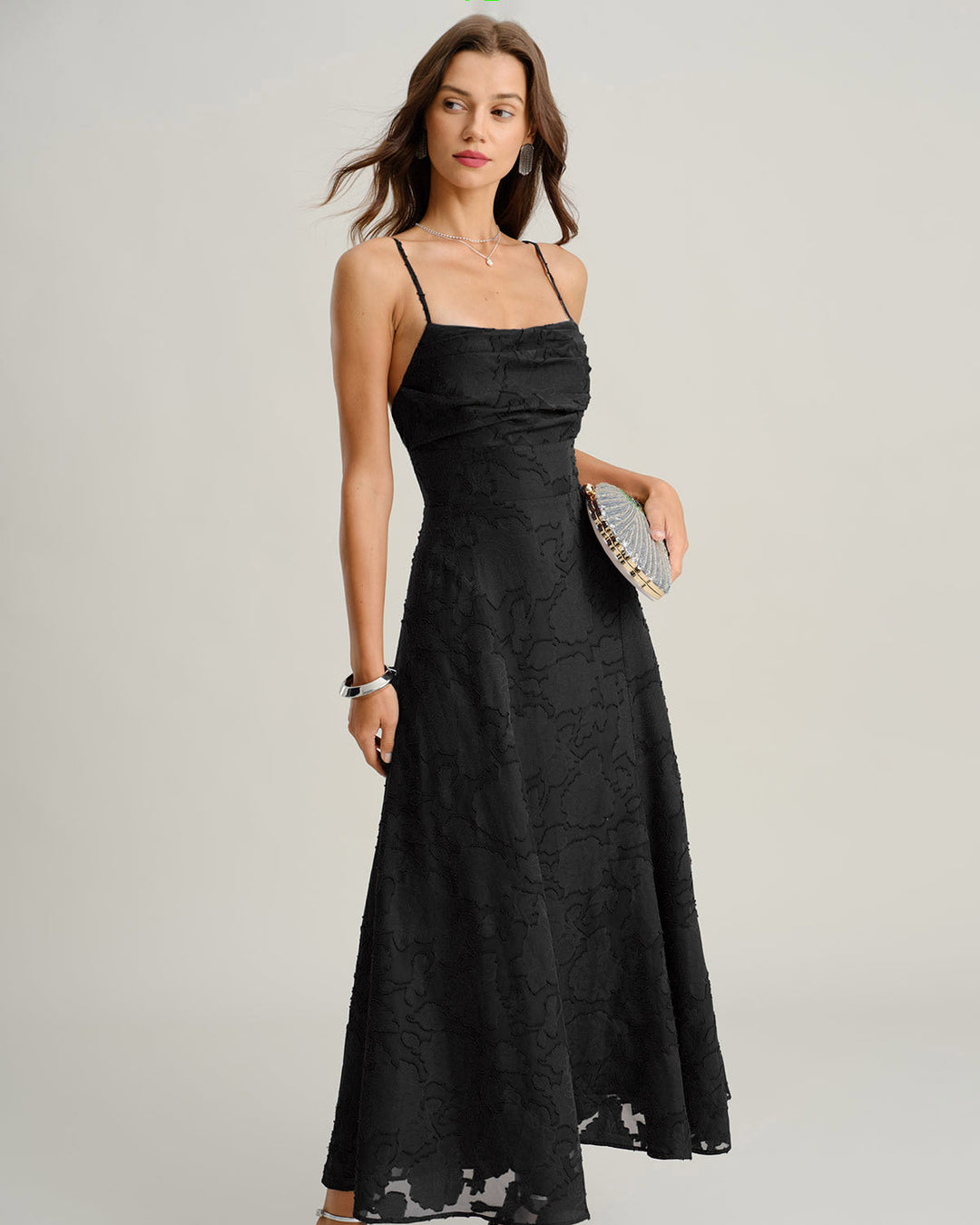 Giselle | Cross-Back Jacquard Maxi Dress – Black