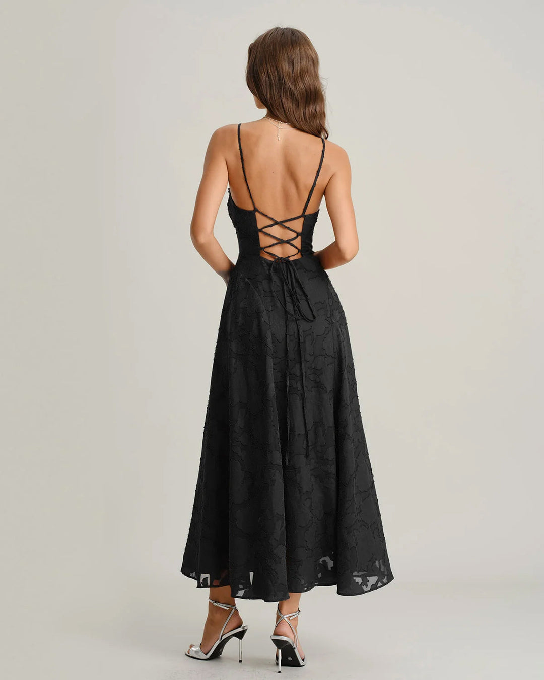 Giselle | Cross-Back Jacquard Maxi Dress – Black
