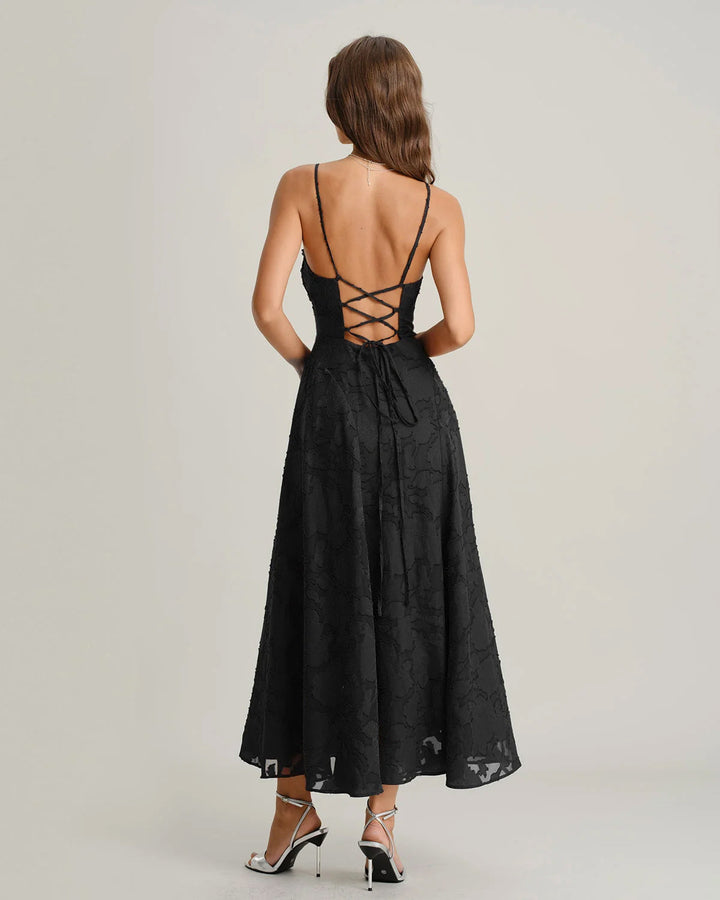 Giselle | Cross-Back Jacquard Maxi Dress – Black