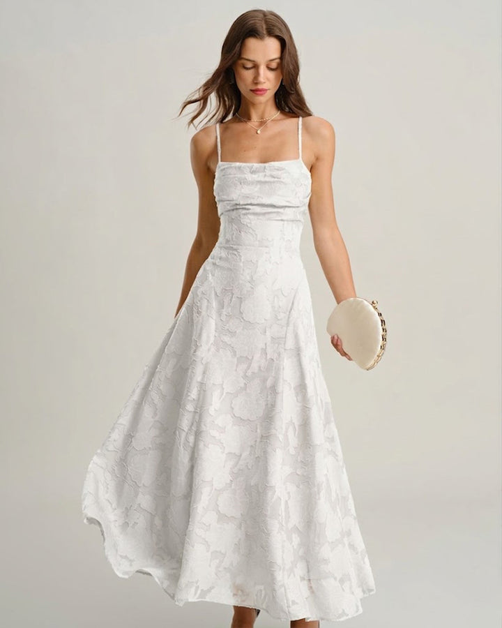 Giselle | Cross-Back Jacquard Maxi Dress – White