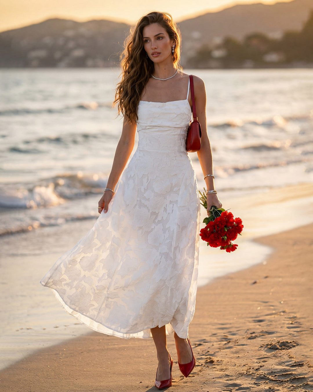 Giselle | Cross-Back Jacquard Maxi Dress – White