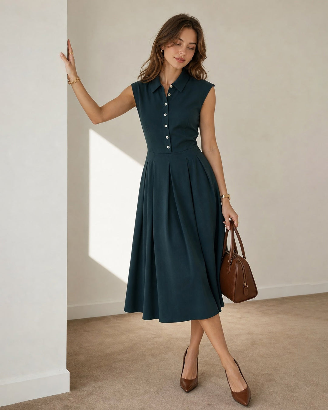 Odette | Collared Pleated Button Midi Dress