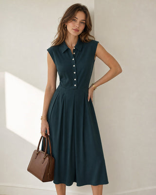 Odette | Collared Pleated Button Midi Dress