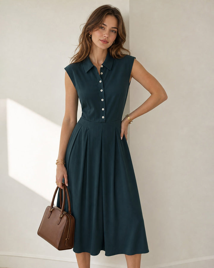 Odette | Collared Pleated Button Midi Dress