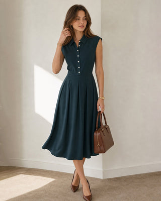 Odette | Collared Pleated Button Midi Dress